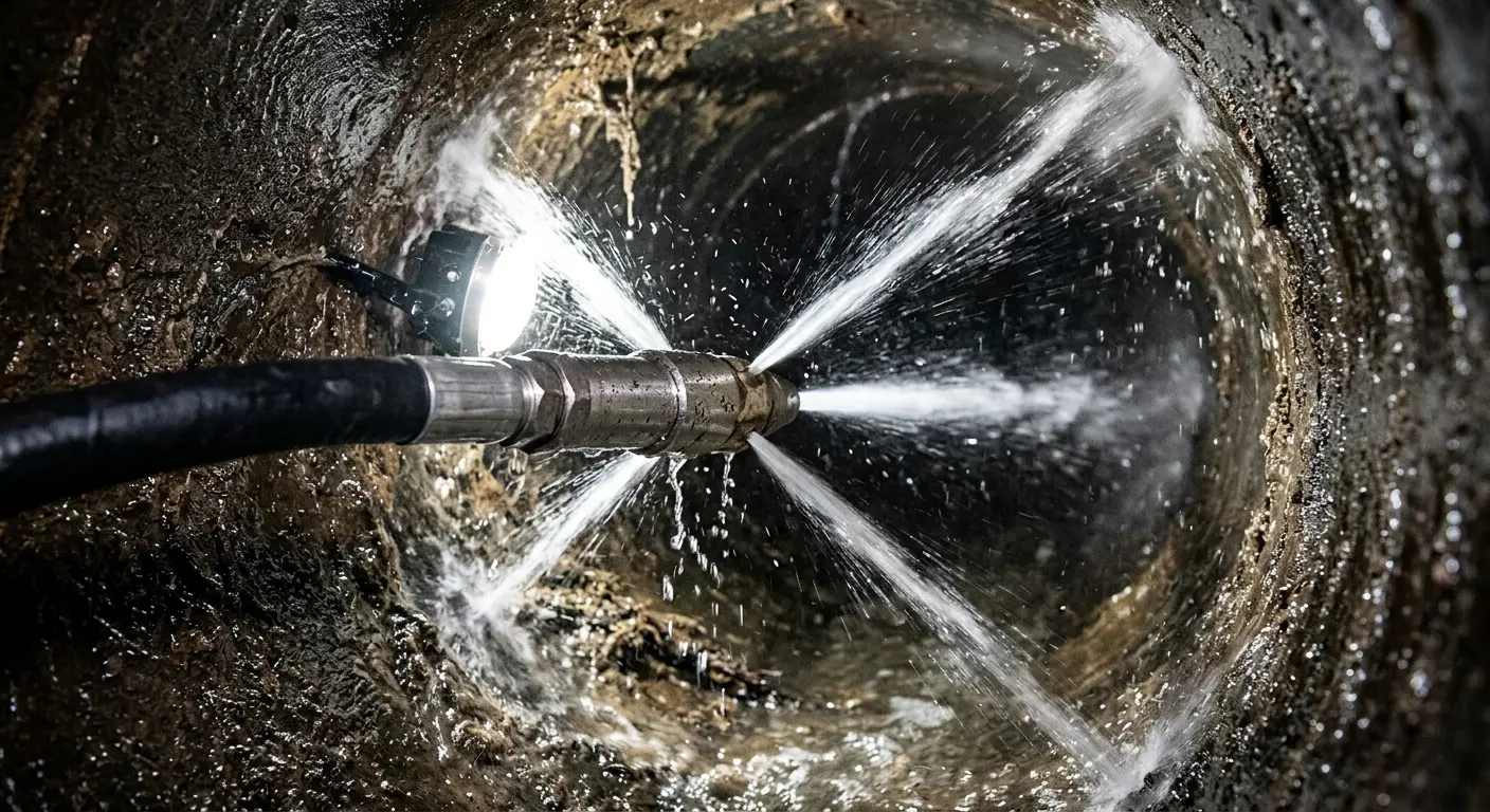 High-pressure hydro jetting nozzle cleaning sewer pipe for Emergency Drain Service in Loxley