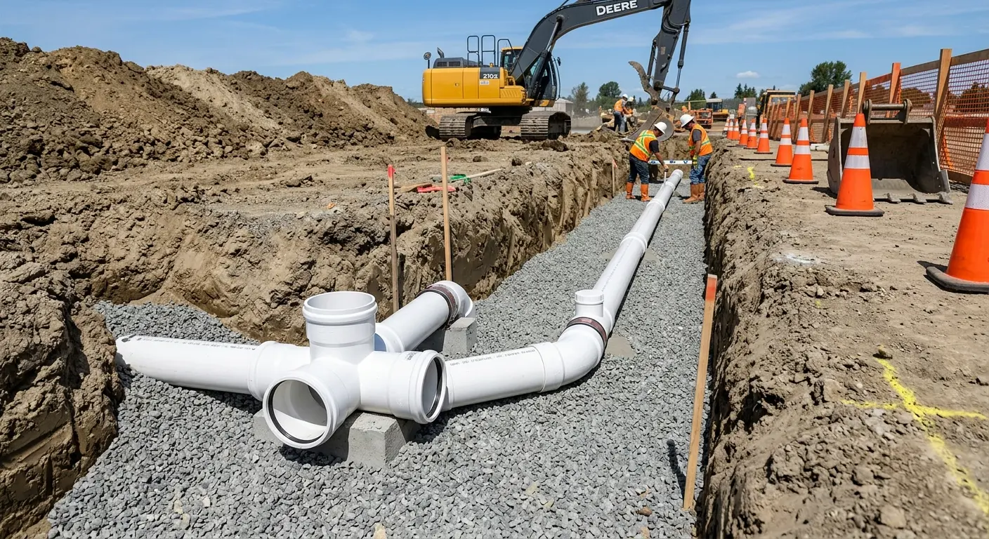 New PVC sewer pipe installation in open trench for Sewer Backup in Loxley